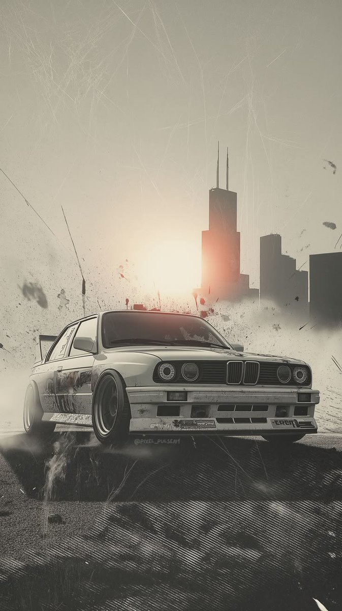 创作一张高端电影感汽车编辑海报,以一辆经典的1980年代 BMW E30 赛车作为主体。视觉风格融合地下街头赛车文化、做旧复古赛车图形、粗野主义都市设计以及实验性当代杂志艺术…