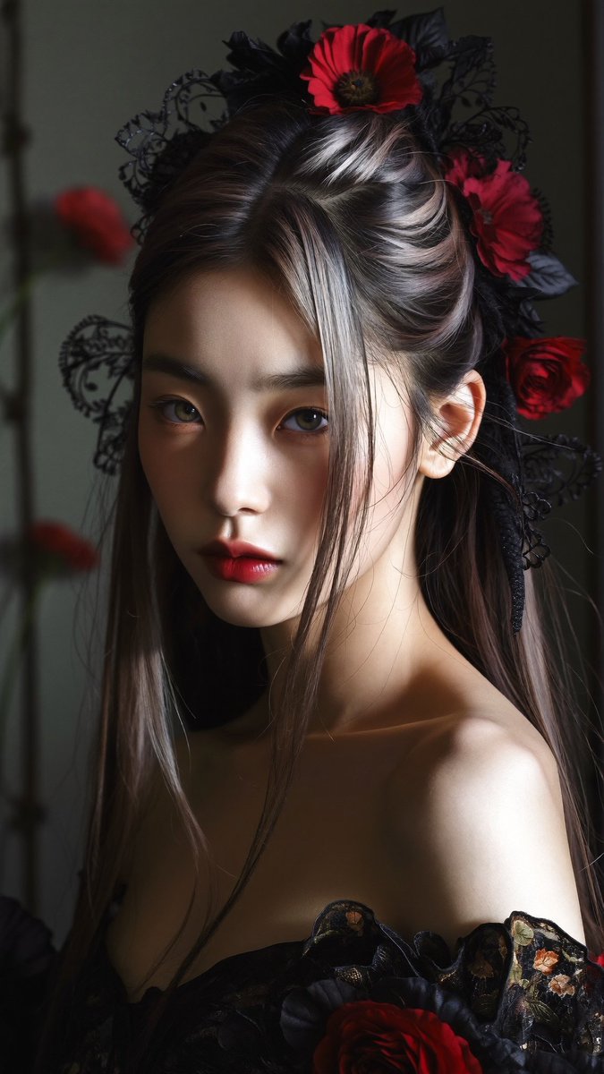 [Higgsfield Soul 2.0 提示词] ar 9:16 2K 一位东亚年轻女性的电影感特写肖像，目光强烈而略带忧郁，直视镜头。深色长直发带有灰银灰…