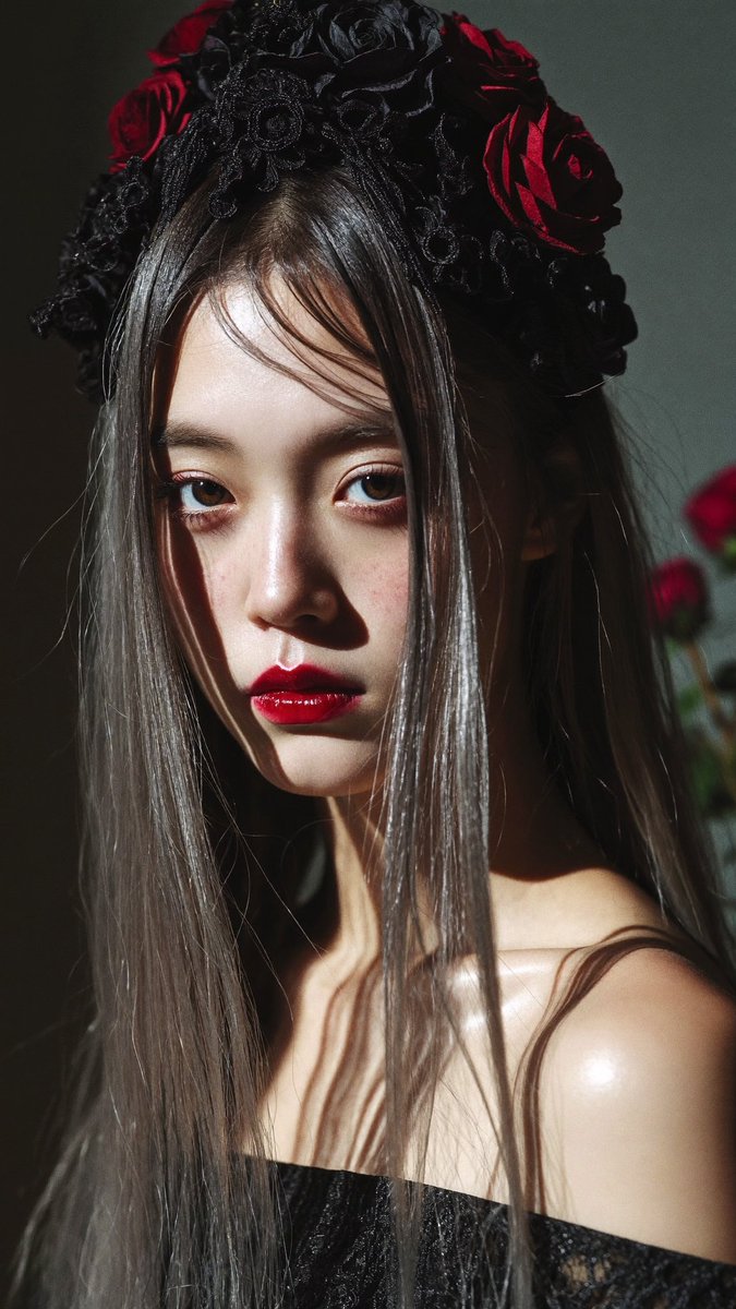 [Higgsfield Soul 2.0 提示词] ar 9:16 2K 一位东亚年轻女性的电影感特写肖像，目光强烈而略带忧郁，直视镜头。深色长直发带有灰银灰色挑染，蓬松地垂落在…