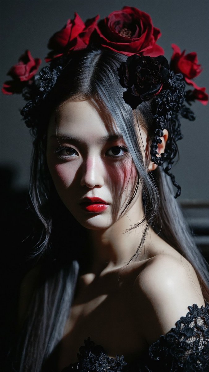[Higgsfield Soul 2.0 提示词] ar 9:16 2K 一位东亚年轻女性的电影感特写肖像，目光强烈而略带忧郁，直视镜头。深色长直发带有灰银灰色挑染，蓬松地垂落在…