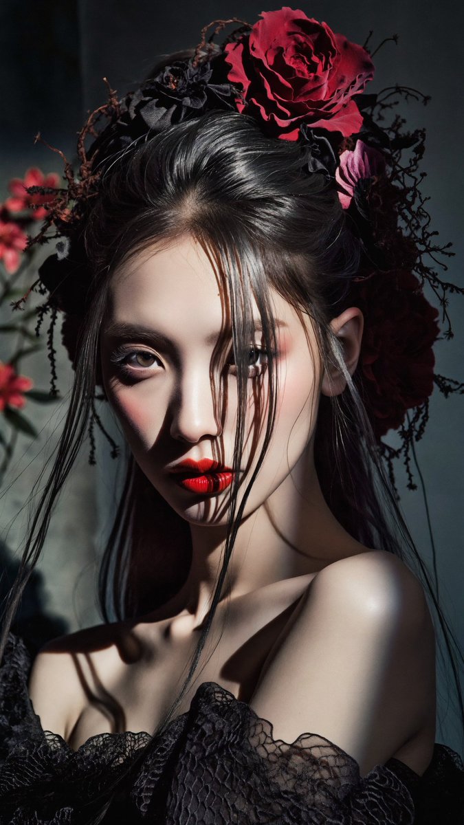 [Higgsfield Soul 2.0 提示词] ar 9:16 2K 一位东亚年轻女性的电影感特写肖像，目光强烈而略带忧郁，直视镜头。深色长直发带有灰银灰色挑染，蓬松地垂落在…