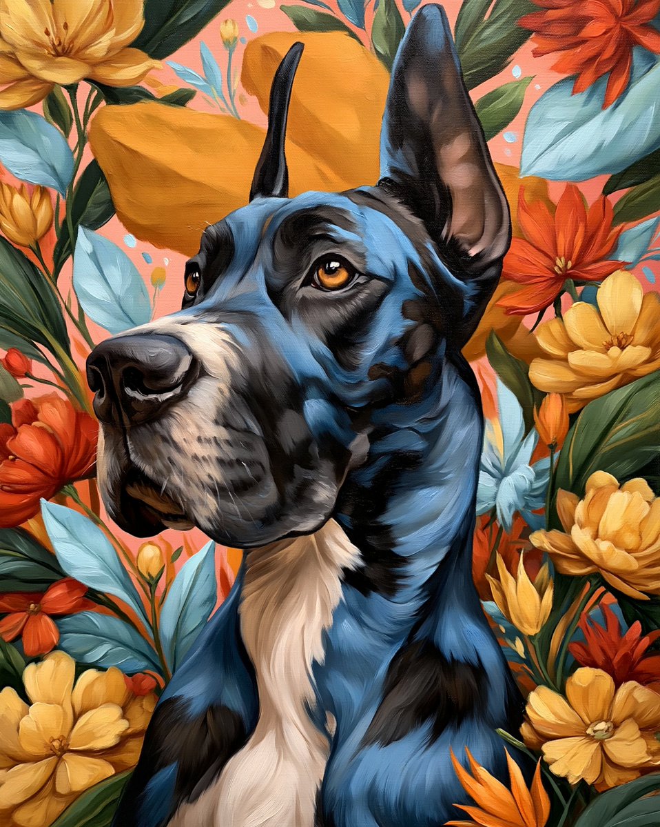 一幅充满活力的油画描绘了一只大丹犬的侧面轮廓，背景是粉色，点缀着五彩缤纷的花卉图案。这只狗以蓝色、黑色和白色的大胆笔触呈现，面朝左侧，双耳竖起。它的眼睛是温暖…
