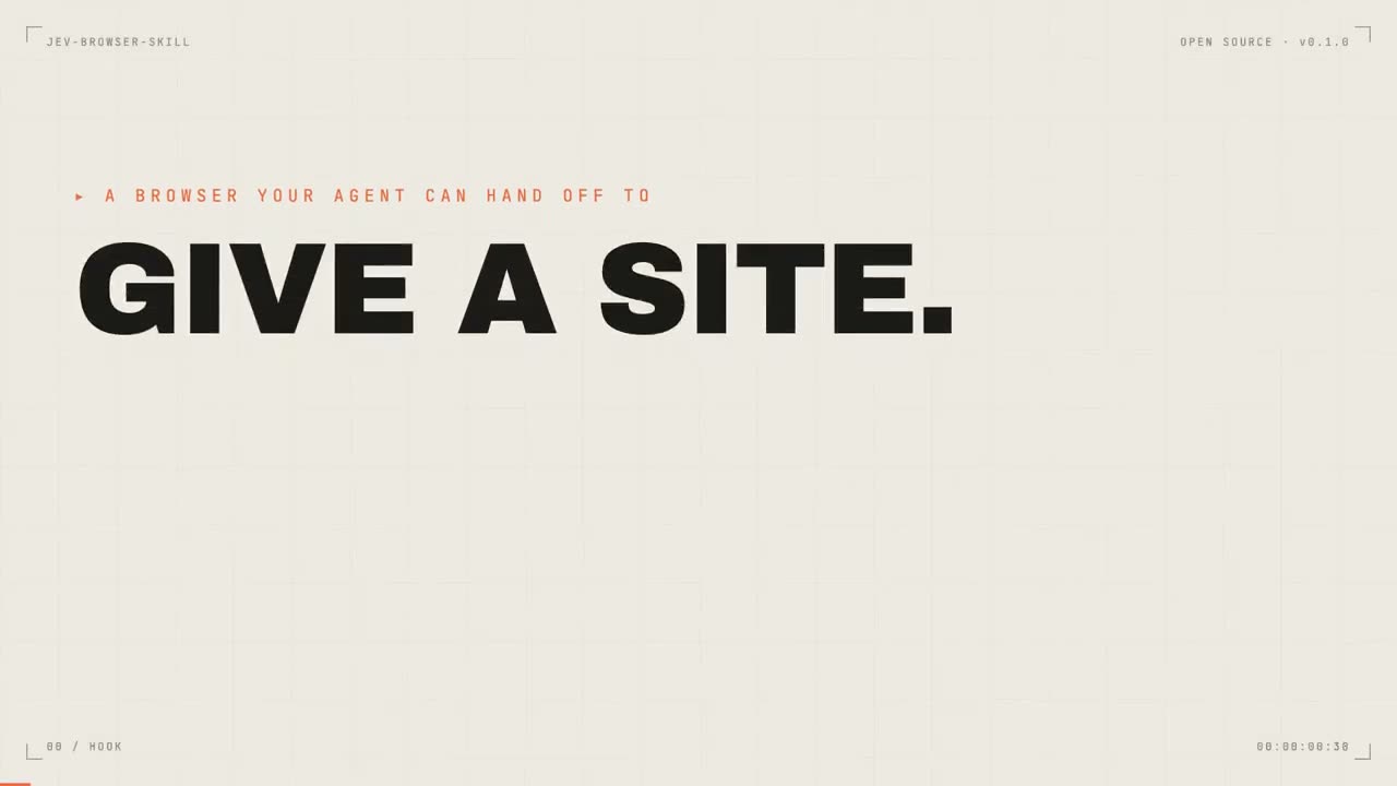 为我的开源项目 jev-browser-skill（"Give a site. Write a goal. Jev clicks."）制作一段20秒的动态运动…