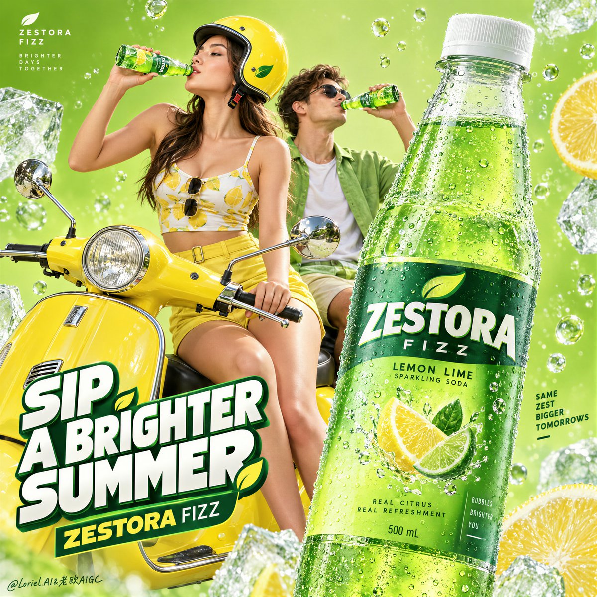 当每一种颜色都各司其职时，夏季营销活动会显得更有冲击力。 🍋 用酸柠檬绿（acid lime）做背景场域，用瓶身绿（bottle green）做产品体系，用柠…