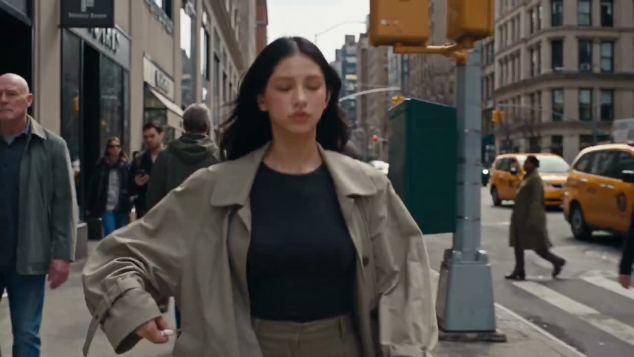 为虚构的高端无线耳机 ECHO 制作一支 30 秒、1080p 超写实电影感商业广告。一位时尚年轻女性，长黑发、自然妆容、黑色贴身上衣、宽松中性色外套、阔腿裤…
