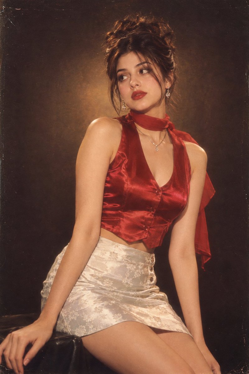 一张1990年代复古风格的影棚人像照，照片中的年轻女子留着精致的盘发发型，几缕发丝柔和地垂在脸旁。她身穿一件无袖、饱和红色的缎面背心式短款上衣，搭配一条浅银白…