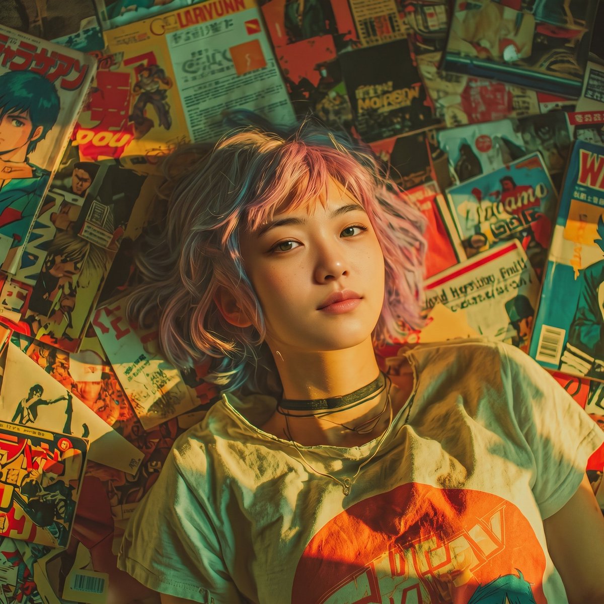 青春不过是一摞还没翻完的杂志，你总发誓要在日光撤走地板之前把它们读完 prompt 一张俯拍、电影感的35毫米胶片摄影作品：一位气质冷峻、空灵的年轻东亚女性仰…