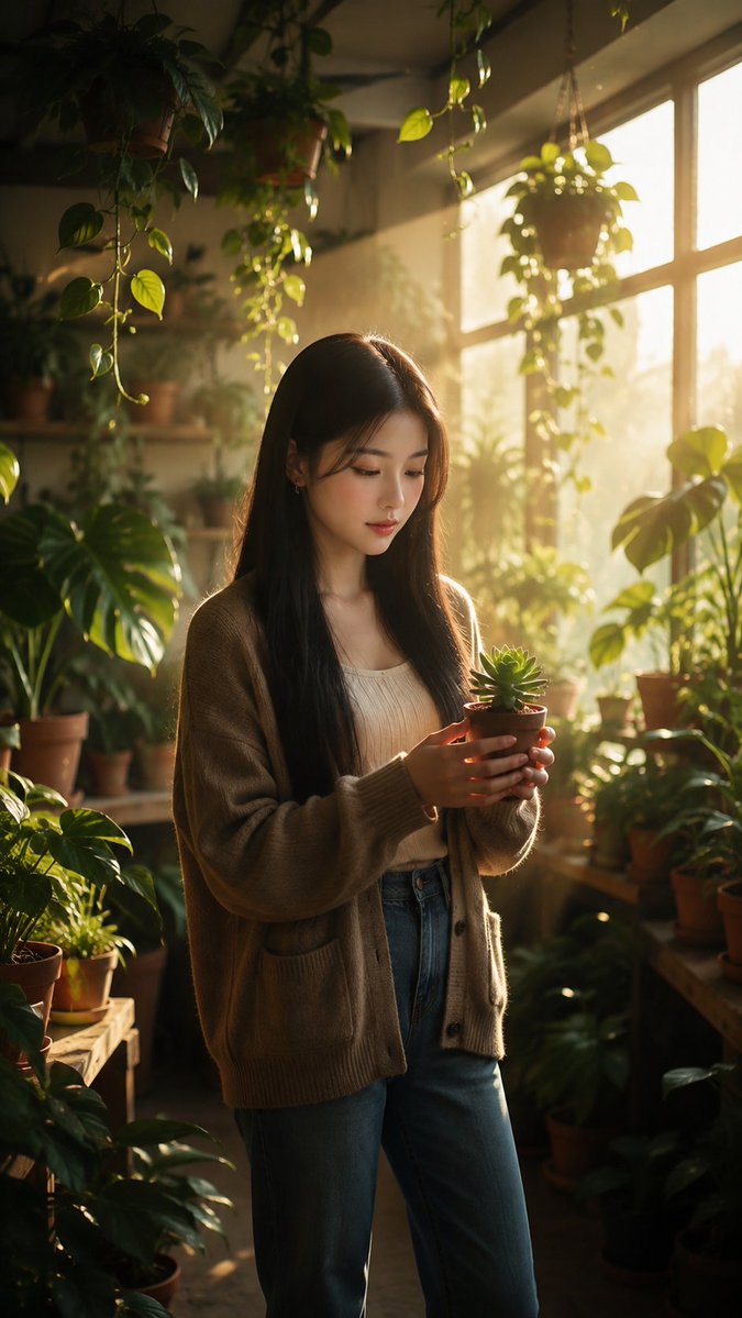 创建一个超写实的竖版 9:16 人像肖像，照片中一位年轻女子站在一座美丽的室内温室里，温室内摆满了郁郁葱葱的绿色植物、悬挂的藤蔓、赤陶花盆和木质花架。她双手轻…
