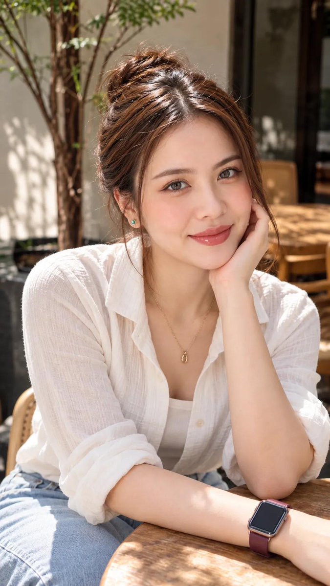 一张高分辨率、照片写实风格的平视人像肖像，主体是一位年轻东亚女性，妆容自然柔和，皮肤有光泽感，带有淡淡的腮红和光泽感的粉色唇彩，她坐在户外咖啡馆里，手轻轻托着…