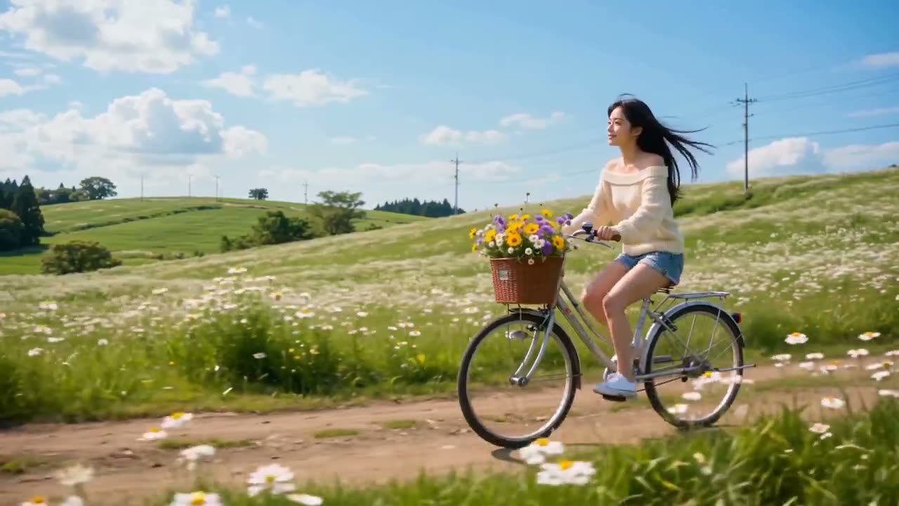 电影感30秒视频,照片级写实风格,4K画质,浅景深。一位美丽的年轻东亚女性,留着飘逸的长黑发,身穿米色一字肩针织衫、牛仔短裤和白色运动鞋。她骑着一辆银色城市自…