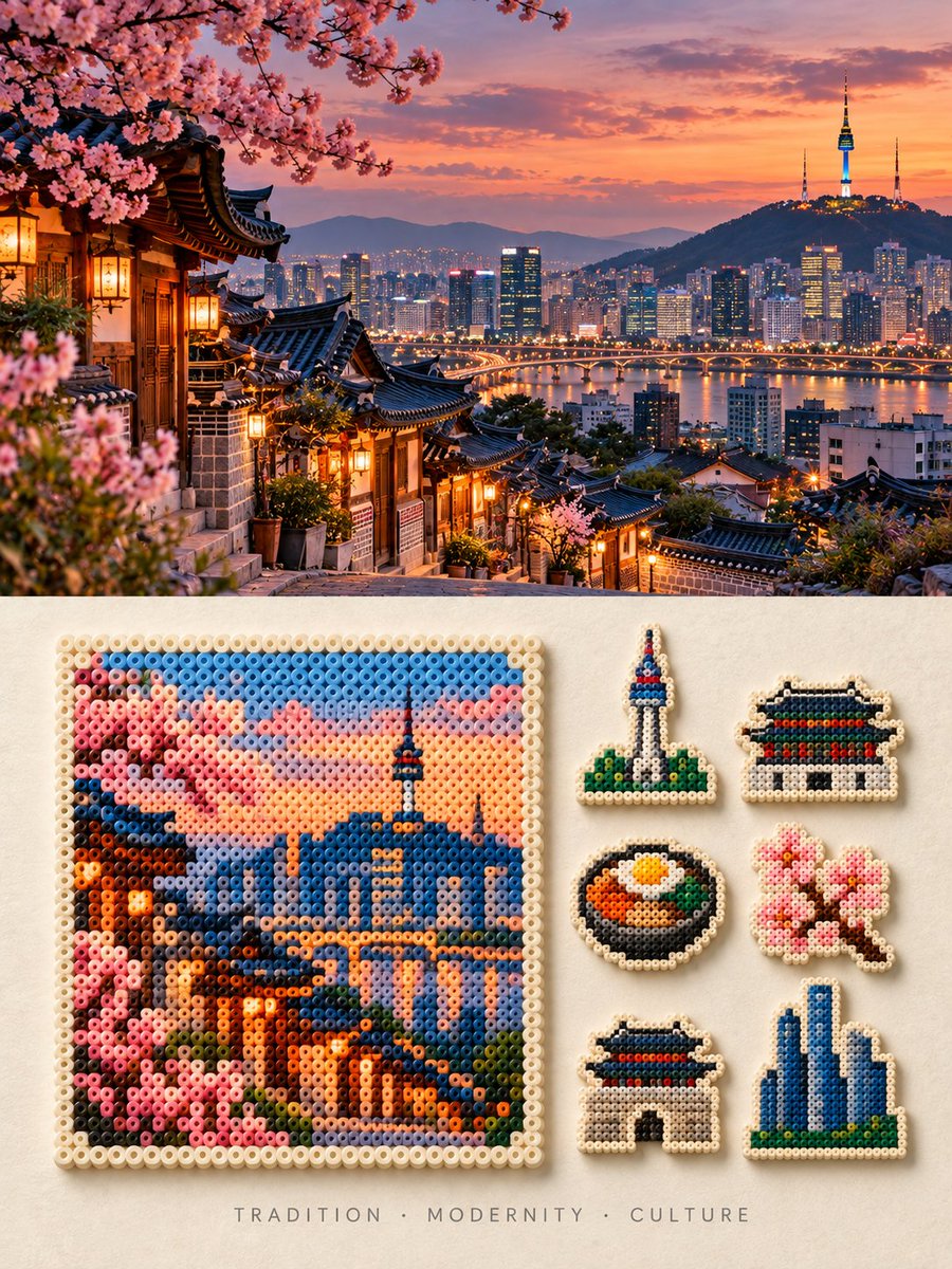 为 [国家 / 地点 / 主题] 创作一幅高端 3:4 竖版 Perler 拼豆旅行编辑风格艺术作品。 仅文本生成图像 —— 完全根据 [国家 / 地点 / 主题] 创意地生成整…