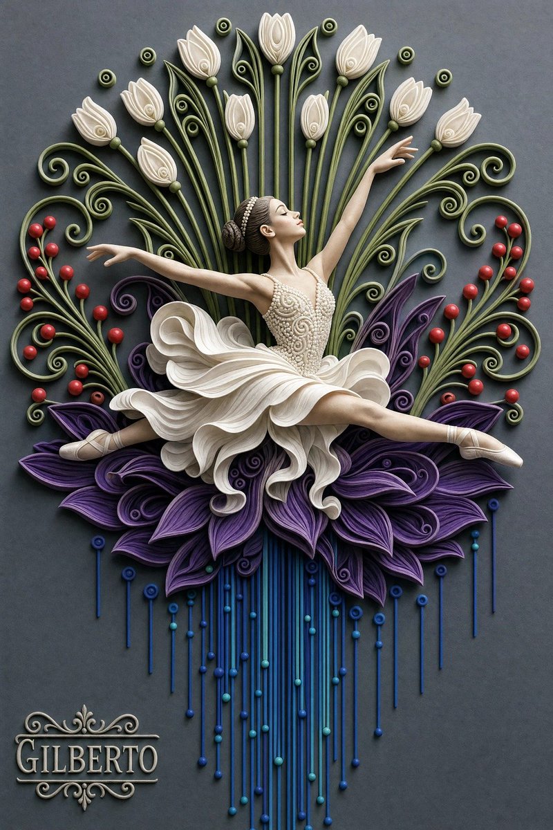 一幅高度精细的3D触感浅浮雕艺术作品，描绘了一位姿态优雅、正在腾空跃起的芭蕾舞者。她的舞裙饰有串珠紧身上衣和飘逸的白色丝带状层叠裙摆。人物周围环绕着精致的植物…