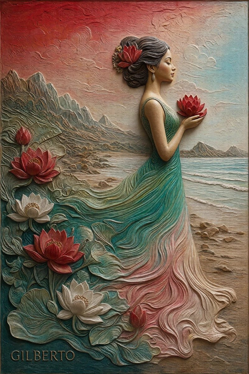 一幅高度精细的3D触感浅浮雕艺术作品,描绘了一位姿态优雅、正在腾空跃起的芭蕾舞者。她的舞裙饰有串珠紧身上衣和飘逸的白色丝带状层叠裙摆。人物周围环绕着精致的植物图案:上方是一扇形展…
