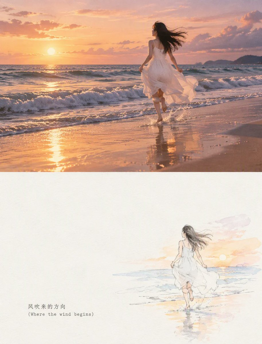 ### 🌟 3:4 竖幅双分海报：海边黄昏与逐浪少女[💡 核心构图与规格]- 画布比例：竖幅 3:4 海报- 版面分割：画面上下精确 50:50 等分，无任何…