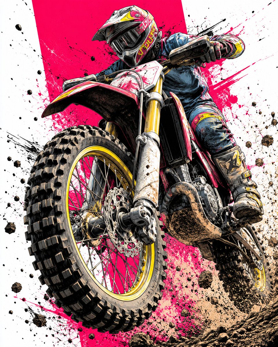 创作一幅高冲击力、纵向编排风格的插画:一名越野摩托车骑手驾驶越野摩托,正对着镜头做出极具攻击性的翘头动作(抬头翘前轮)。采用极低的正面仰视镜头角度,让硕大的越野花纹前轮占据画面右…