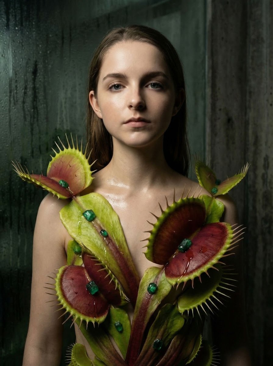 { "vibe_title_en": "掠食性植物学", "master_prompt": "一幅令人屏息的、与视线齐平的大师级杰作,中画幅肖像,主人公身穿一件超现实的、鲜活的捕…