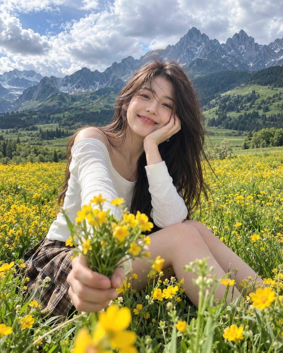 一张照片写实风格的电影感人像照：一位年轻女子坐在一片生机盎然的黄色野花田野中，背景是壮观的青翠山脉。她有着一头柔顺的深棕色长直发，在微风中轻轻飘动，几缕松散的…