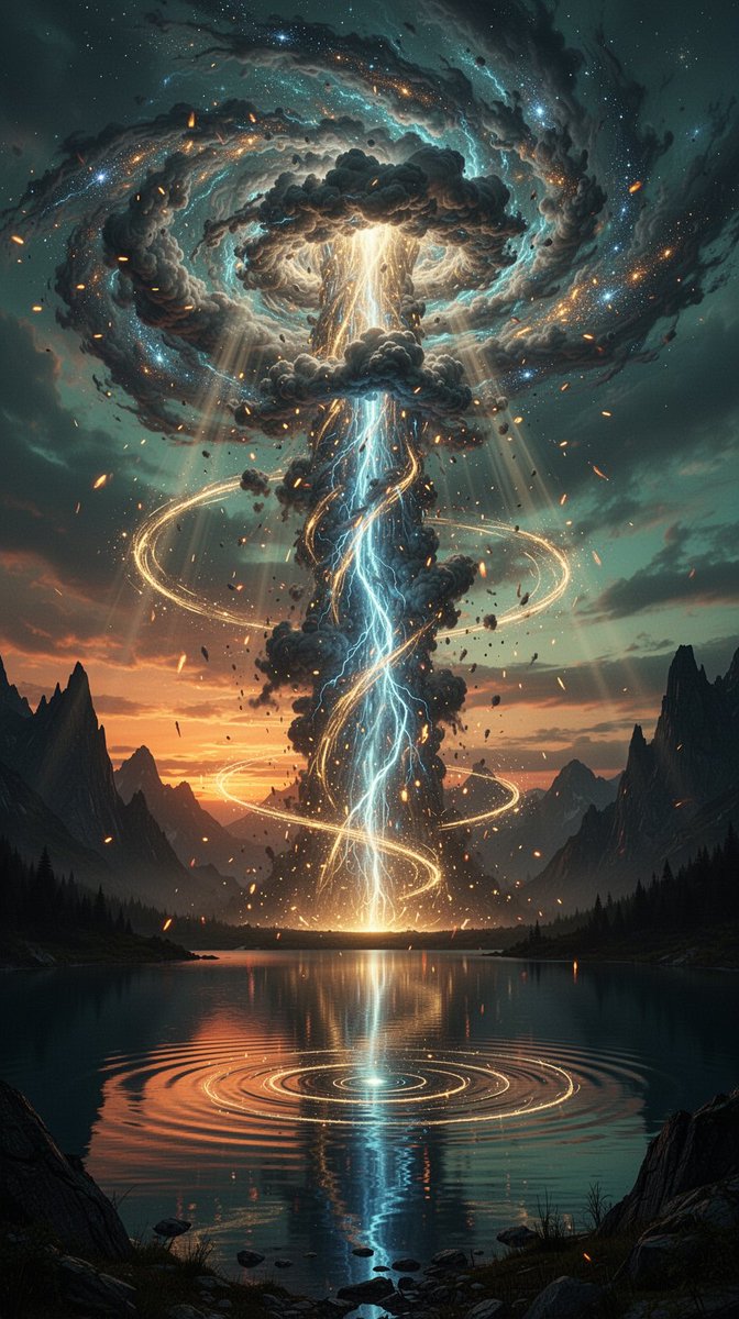 "史诗级电影感竖版壁纸：日落时分，巨大的螺旋状宇宙爆炸，暴风云与星辰尘埃在宁静的高山湖泊之上翻腾升腾；一道高耸的垂直光柱由电蓝色光与金色能量组成，自漩涡云层直…