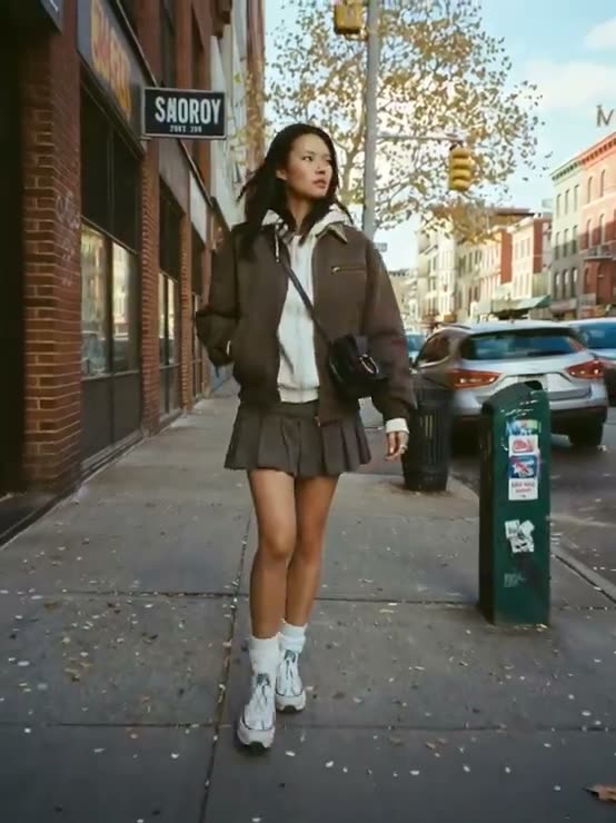 摄影与电影质感 超写实全身女性街拍风格摄影，主体是一位美丽的东亚女性，年龄二十五六岁，身材纤细，长直黑发自然披散、在微风中自然飘动，拥有精致的超模般面部轮廓与…