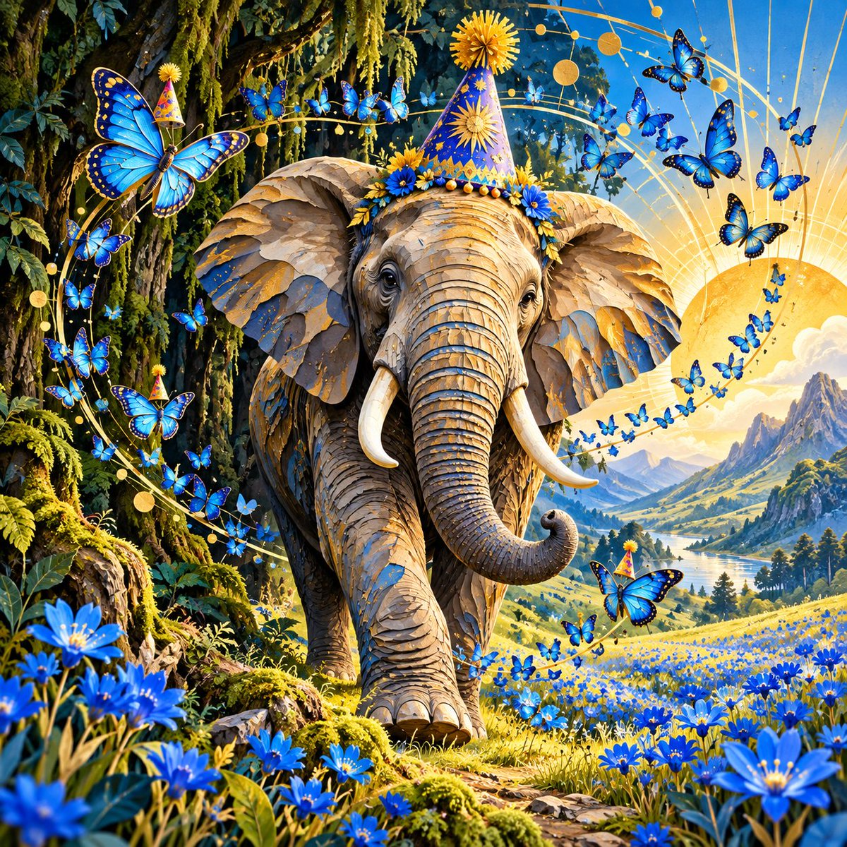 🎨 👇 一只平静的大象从长满苔藓的远古森林中走出，踏入一片意想不到的、电光蓝色野花盛开的草地，蝴蝶发出柔和的光，在它周围形成流动的几何气流；层叠的剪纸雕塑风格…