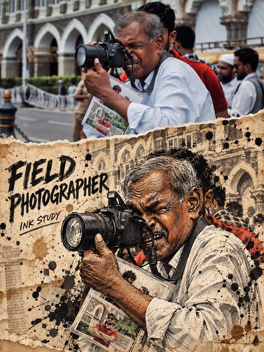 制作一张左右或上下对比的人物肖像转绘图，风格统一命名为【INK-SPLATTER PORTRAIT CARICATURE｜飞墨怪诞肖像风】。适用于旅行肖像、街…