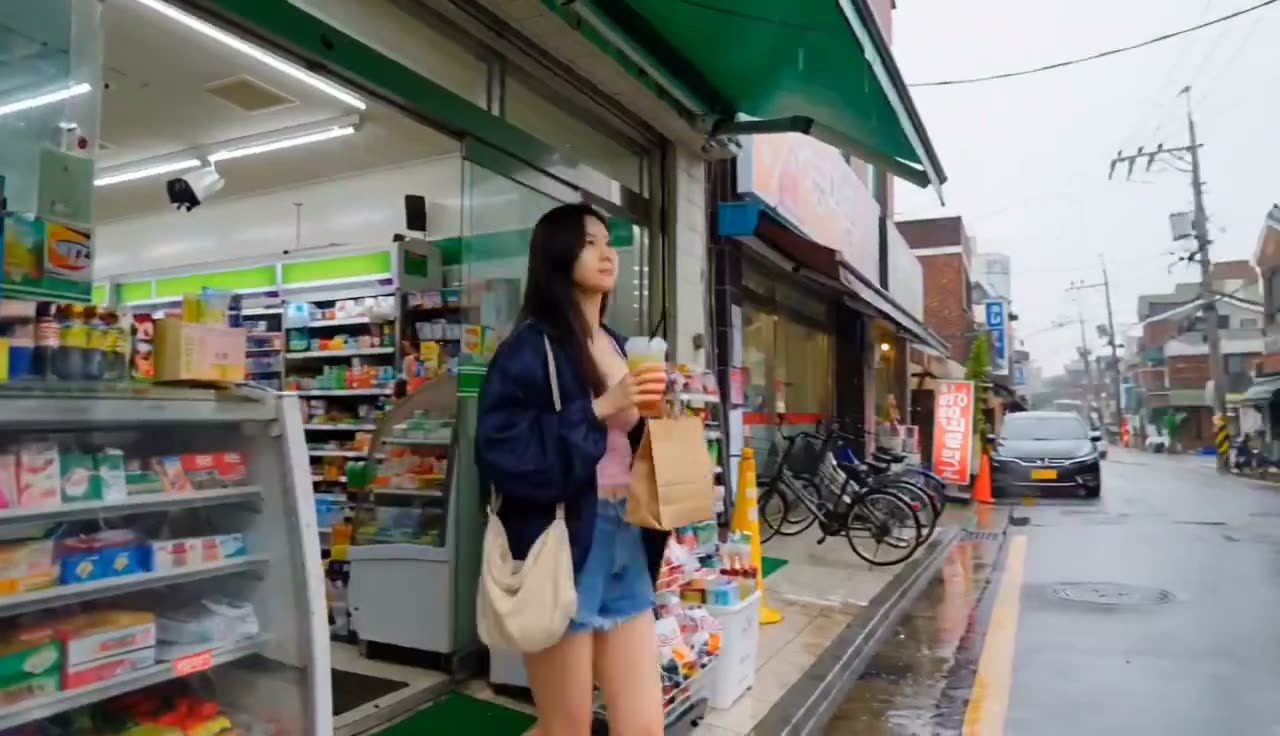 概念："雨天下午跑腿" 制作一段 15 秒的模拟家庭录像，使用手持 Hi8/VHS-C 摄像机拍摄的真实质感画面。摄像机本身始终不出现。观众只看到录制下来的画…