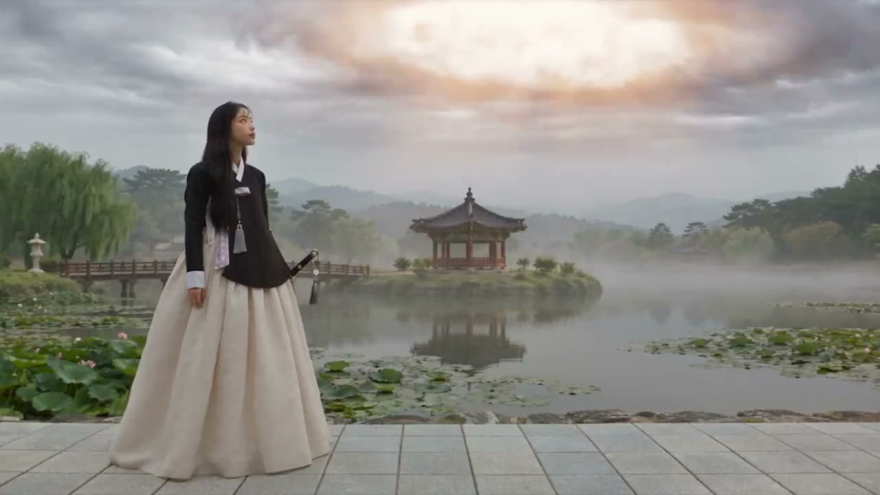 超写实电影感中世纪战场场景,一位勇敢的年轻女战士身着优雅飘逸的象牙色中世纪长裙,搭配黑色贴身袖子,站在古老的石砌庭院中,与一名挥舞大型中世纪钉头锤的重装骑士激…