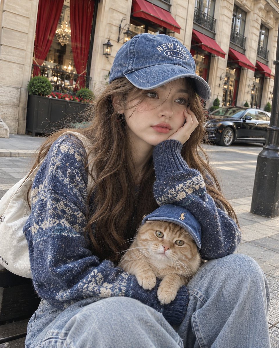 一张真实的特写街头自拍照，照片中是一位年轻女性，留着长长的波浪状浅棕色头发，妆容自然柔和，头戴一顶复古的蓝色牛仔棒球帽，身穿一件舒适的蓝色图案毛衣。她坐在城市…