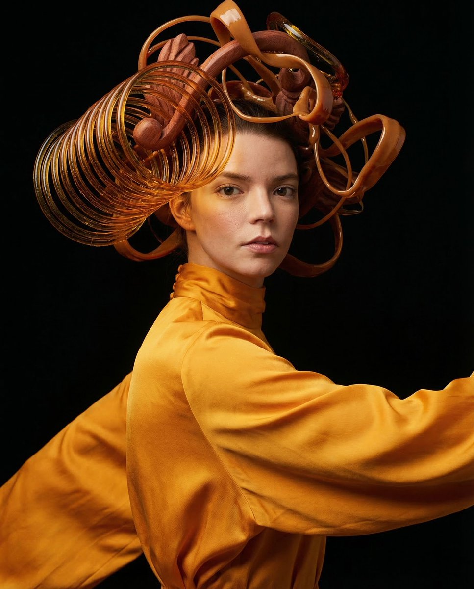 { "vibe_title_en": "Kinetic Amber", "master_prompt": "一幅超写实的中画幅前卫肖像，主角(The Prot…