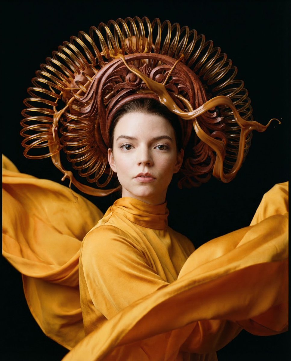 { "vibe_title_en": "Kinetic Amber", "master_prompt": "一幅超写实的中画幅前卫肖像,主角(The Protagonist)处于…