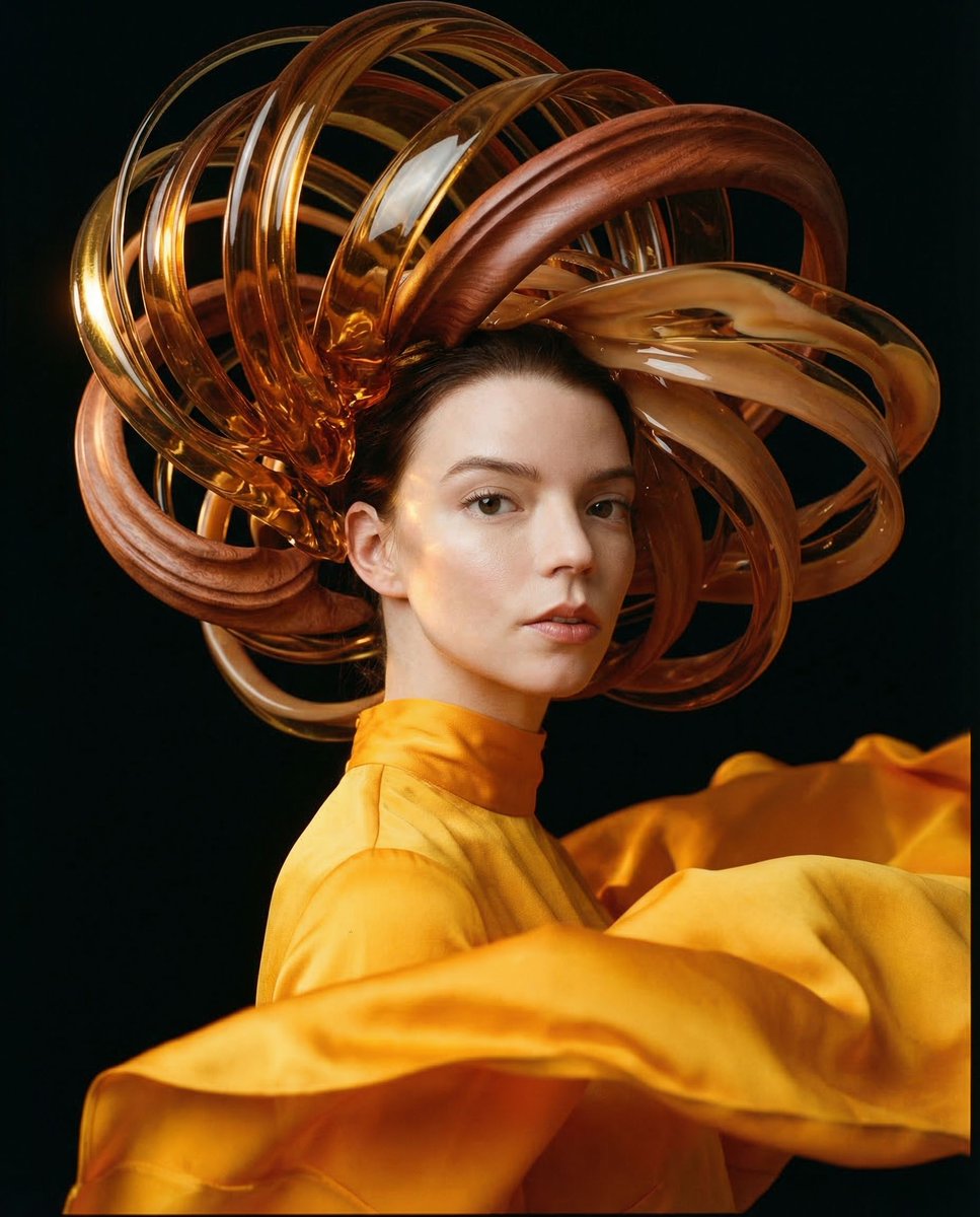 { "vibe_title_en": "Kinetic Amber", "master_prompt": "一幅超写实的中画幅前卫肖像,主角(The Protagonist)处于…
