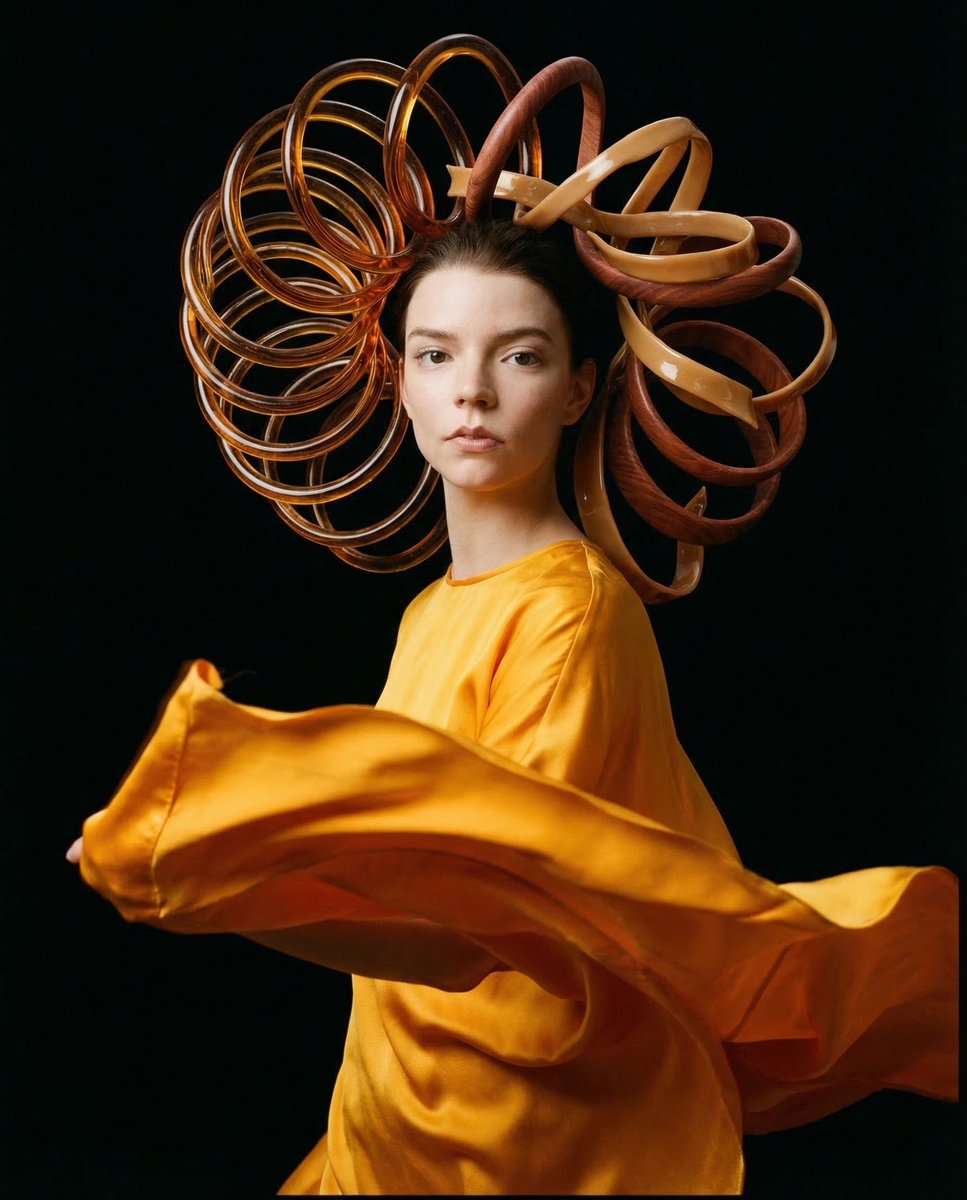 { "vibe_title_en": "Kinetic Amber", "master_prompt": "一幅超写实的中画幅前卫肖像,主角(The Protagonist)处于…