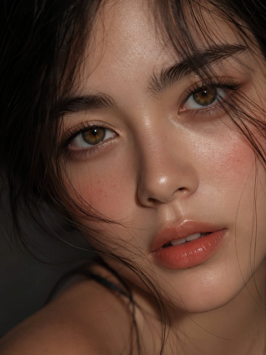 极端特写肖像美妆摄影,年轻女性,温暖琥珀棕色眼眸,水润发光肌肤并带有细腻自然雀斑,柔和玫瑰色腮红,光泽蜜桃色唇彩,深色细碎发丝垂落面颊。柔和影棚布光搭配戏剧化…