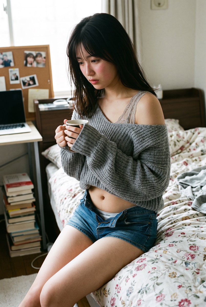 高挑 2:3 写真偶像 女大学生 一件一字领针织衫,看起来松松垮垮地快要滑落,让人担心 低腰短裤直接贴着裸露的肌肤穿着,扣子因为吃饱后太紧而解开 1. Grok Imagine…