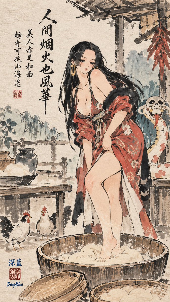 豐子愷水墨漫畫 × 【主題】 × 題詩落款 × 宣紙肌理 × 左下深藍色篆刻方印：「深藍」上、「DeepBlue」下 https://t.co/9qdHH3W…