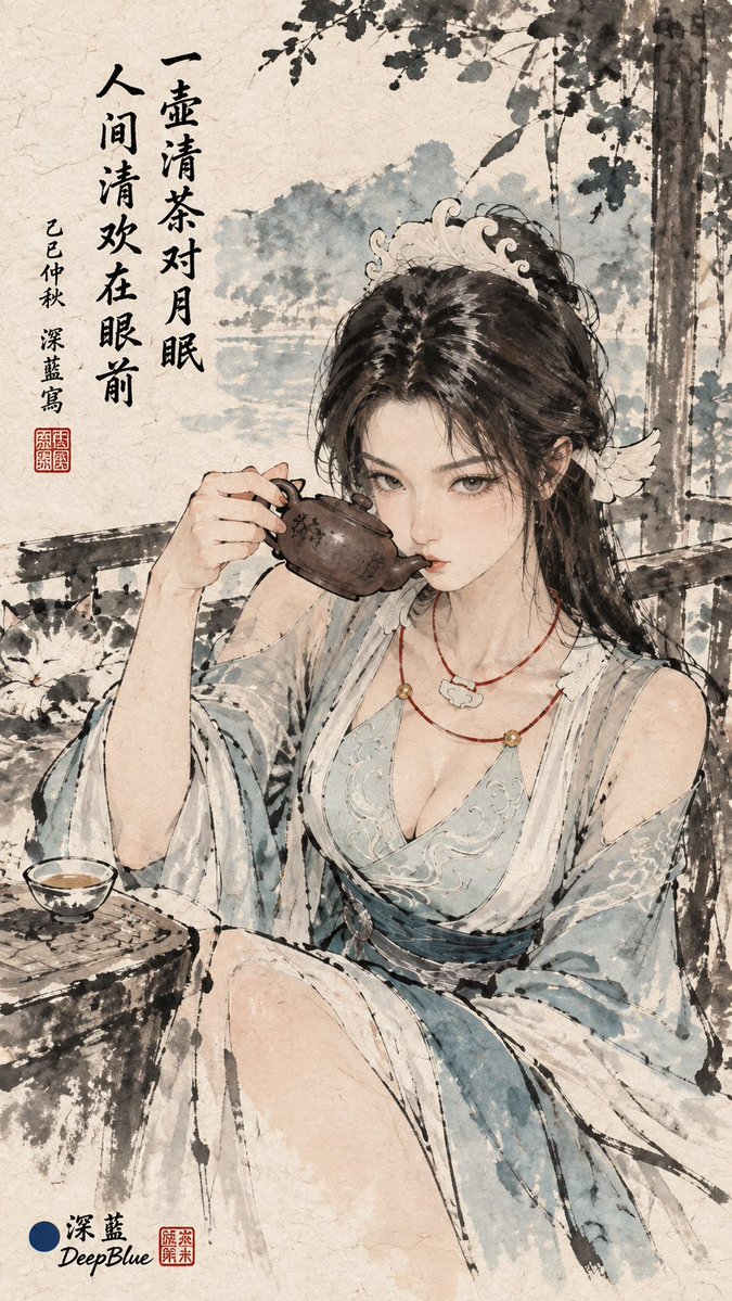 豐子愷水墨漫畫 × 【主題】 × 題詩落款 × 宣紙肌理 × 左下深藍色篆刻方印：「深藍」上、「DeepBlue」下 https://t.co/9qdHH3WWet
