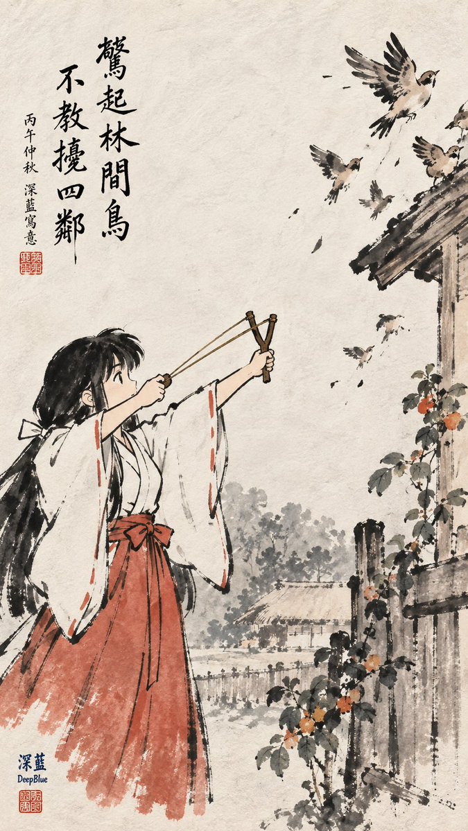 豐子愷水墨漫畫 × 【主題】 × 題詩落款 × 宣紙肌理 × 左下深藍色篆刻方印：「深藍」上、「DeepBlue」下 https://t.co/9qdHH3WWet
