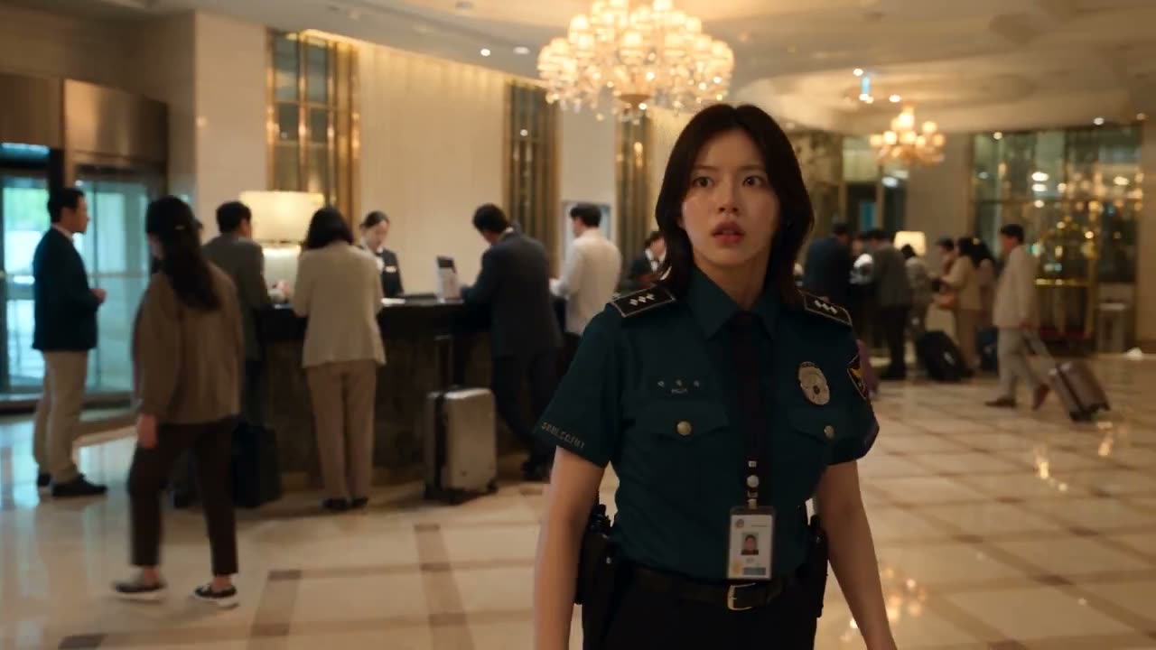 在一家正常营业、宾客熙攘的豪华酒店内，创作一部照片级写实风格的真人恐怖短片。让画面呈现出仿佛以手持摄像机真实记录一场突发紧急事件的感觉，包含自然的人类反应、可…