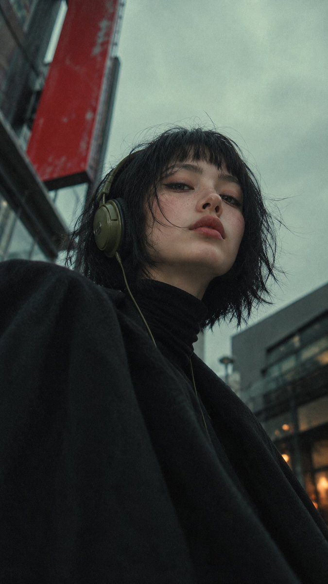 忧郁的电影感街头人像：一位年轻女性，从戏剧化的低角度仰拍，她低头俯视镜头，神情冷淡、疏离，带着一丝挑衅意味。她留着乌黑、参差不齐、有层次感的波波头，厚重平直的…