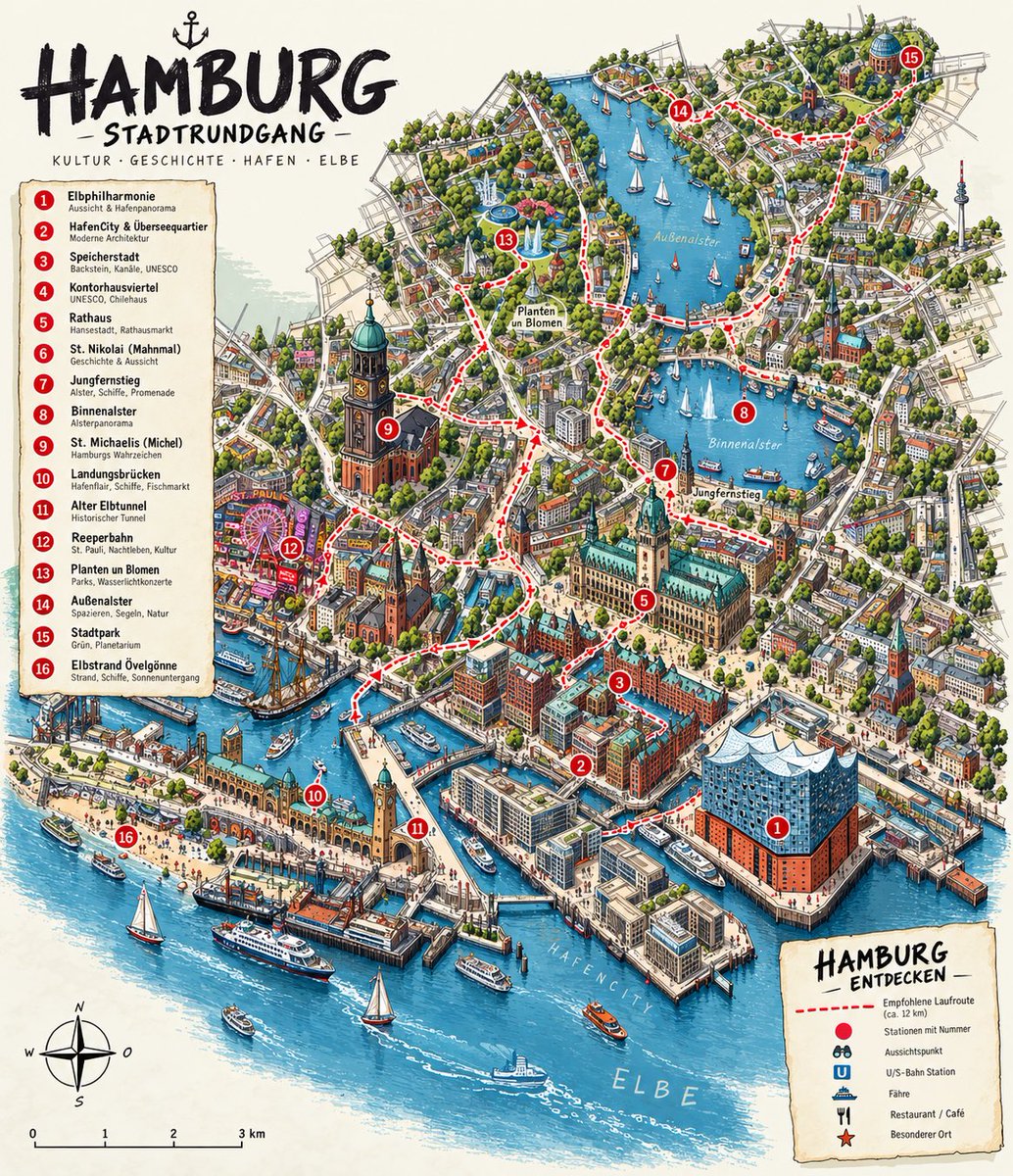 把 [PASTE CITY NAME HERE] 的这张街道地图变成一张有趣的半 3D 地图，带一些漂亮的立体凸出建筑或有趣的地标，并规划一条步行路线把全部看…