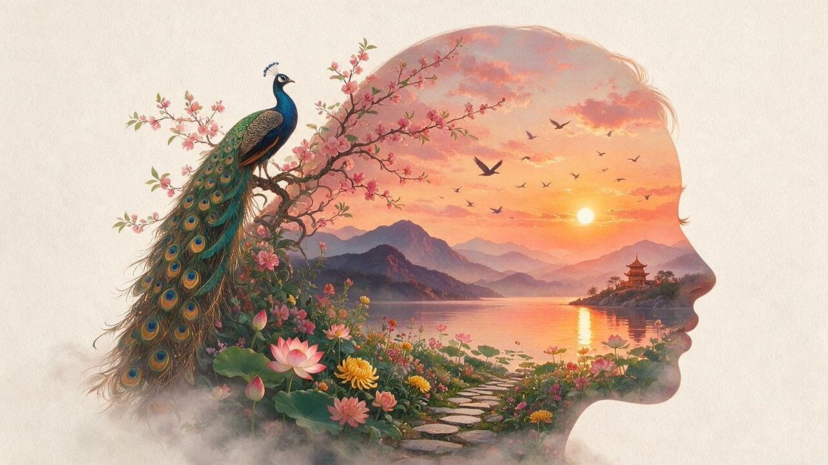 “梦幻般的双重曝光女性侧面剪影，剪影内融合了华丽的孔雀、盛开的樱花、色彩斑斓的莲花、宁静的湖泊、群山、宝塔、飞鸟与熠熠生辉的落日，温暖柔和的粉彩色调，弥漫着魔…