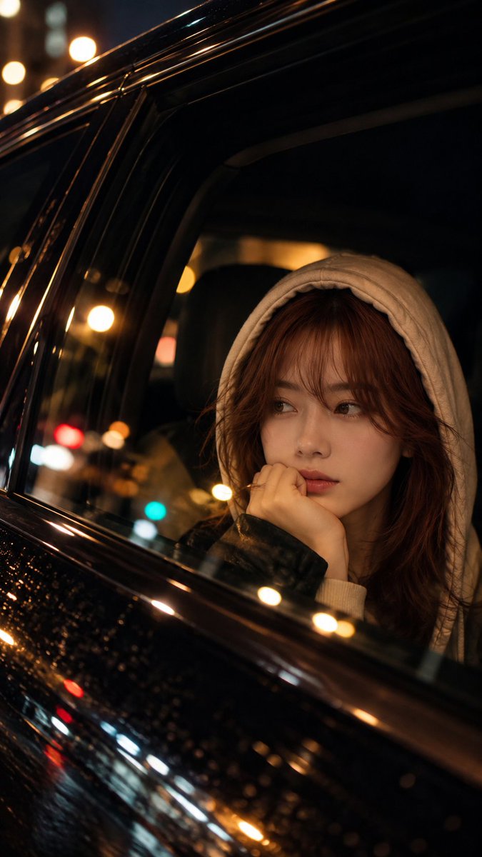 创作一幅电影感、照片写实风格的肖像：一位年轻女性在夜色中坐在一辆深色豪华车内，从车外透过副驾驶侧车窗拍摄。 她有着顺直的铜红色长发，柔和的刘海垂在额前，肤色自…