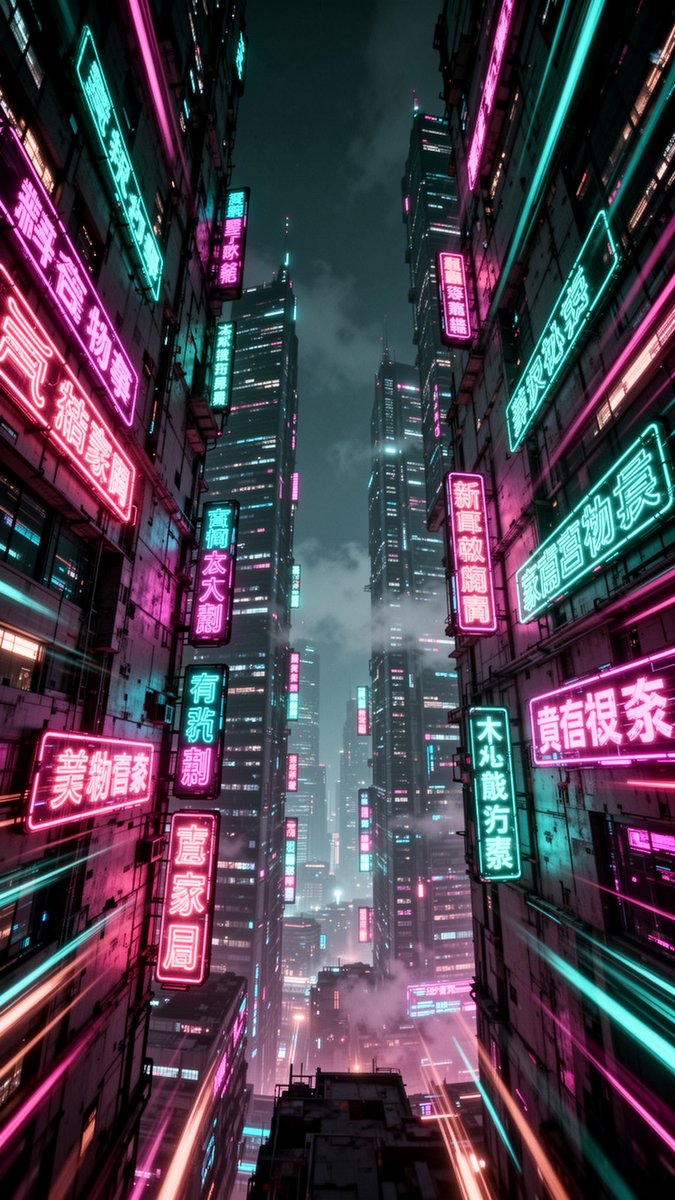 极致的垂直低角度镜头，夜晚从正下方仰视穿过密集的赛博朋克城市，高耸的摩天大楼向天空汇聚，墙面覆盖着由混合虚构文字组成的发光霓虹招牌，沿大楼边缘的动态模糊拖影如…