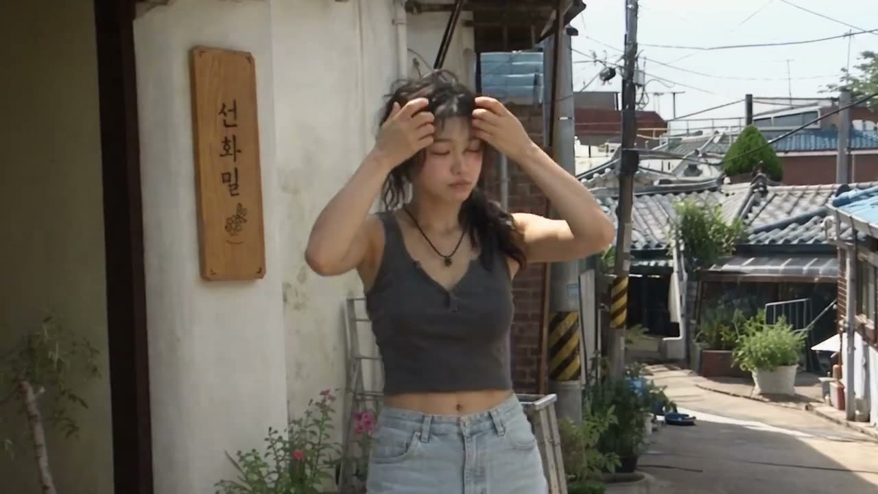 👇🏽 主要人物：20岁出头的年轻韩国女性，自然日常形象，身穿褪色的炭灰色无袖短款上衣，搭配宽松的高腰浅色水洗牛仔裤，脚穿黑色帆布鞋，佩戴黑色绳项链，一头黑色波…