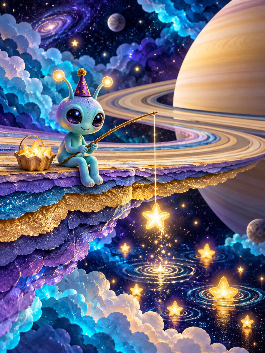 一个袖珍外星人安静地在土星丛边缘垂钓星辰，超现实品叠纸张透视景观盒形式，散发着发光体表照的半透明纸云，紫外光、青色与金色交织，意境深远，奇异而可爱，无人物，无…