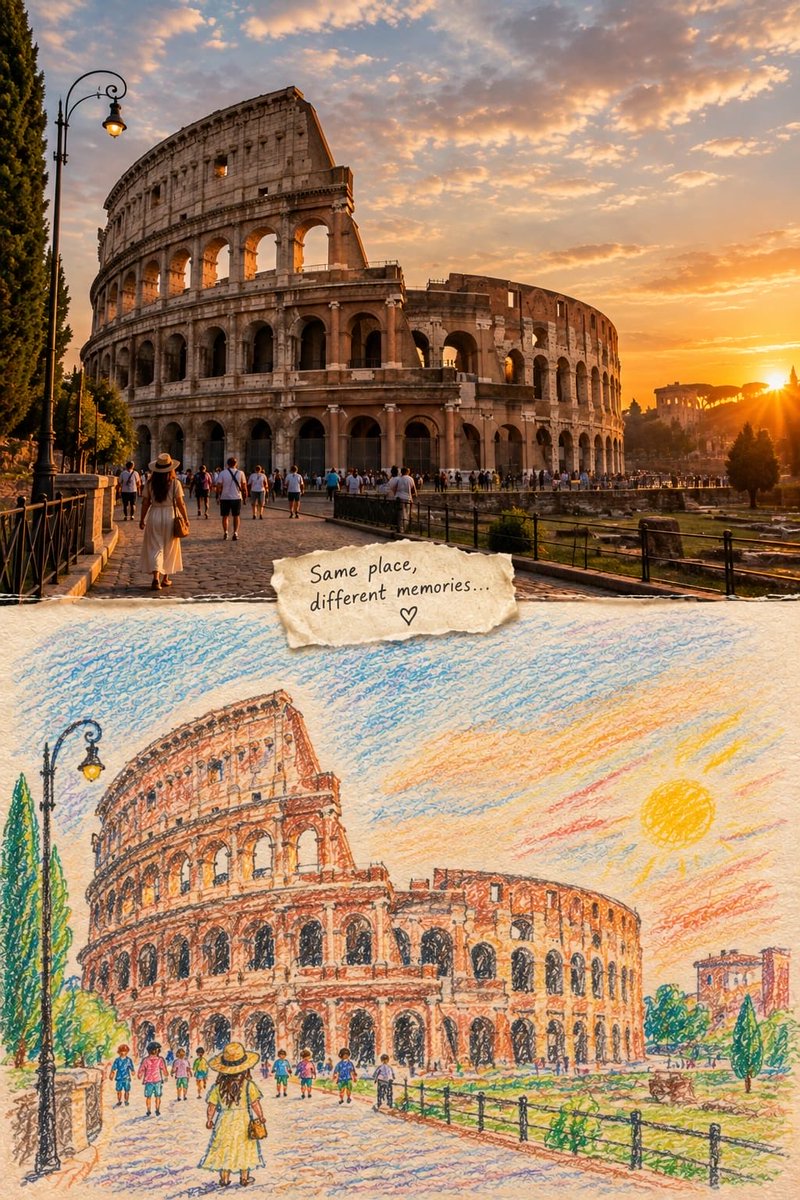 创作一幅视觉震撼的上下分屏艺术作品，在两个艺术世界中展现 [LANDMARK / CITY / COUNTRY]。 上半部分：[LANDMARK] 的电影级、照片写实视图，于一个…
