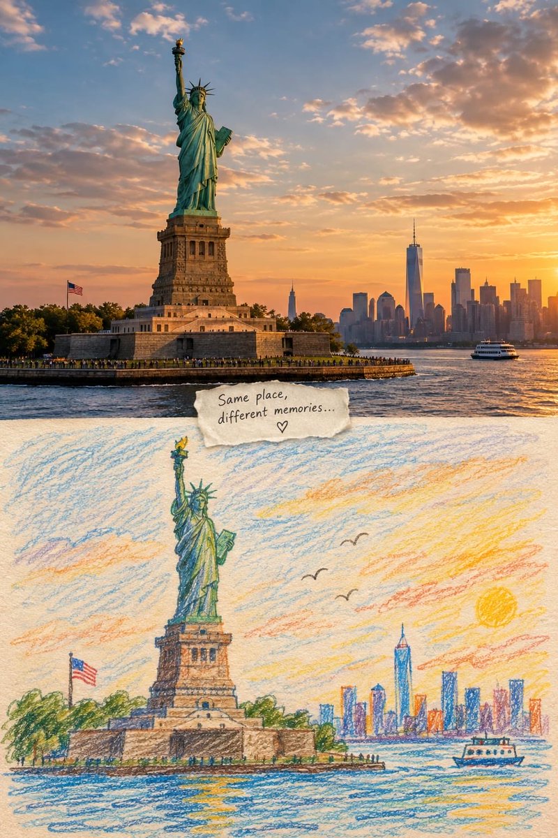 创作一幅视觉震撼的上下分屏艺术作品，在两个艺术世界中展现 [LANDMARK / CITY / COUNTRY]。 上半部分：[LANDMARK] 的电影级、照片写实视图，于一个…
