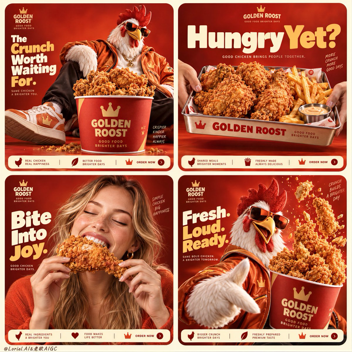 一个四格美食广告画面之所以看起来协调统一，靠的是品牌系统的重复呈现——而不是每格都重复同一张图。 🍗 在四格中锁定相同的红橙色背景、Logo 位置、圆角卡片边…