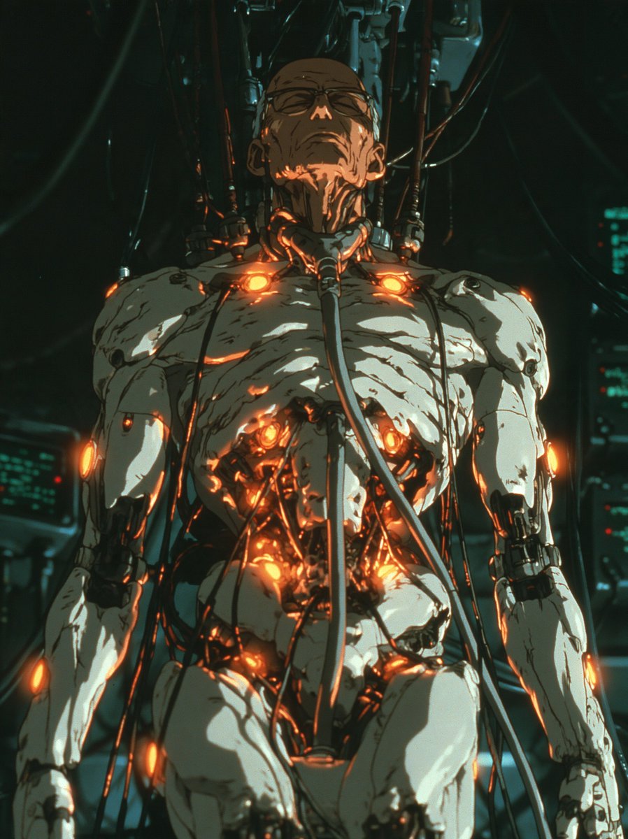 1990年代动画 OVA 赛璐珞原画静帧，老人形赛博格在昏暗实验室中被线缆悬吊直立，双臂下垂，双眼紧闭，皮肤上有发光的橙色端口，俯视视角，赛博朋克身体恐怖风格…