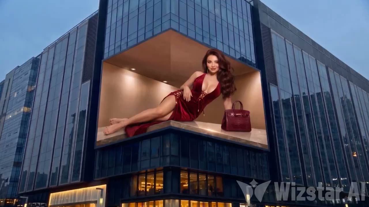 真人级实拍视频，全程实时速度。禁止慢动作。 参考图片 1。在一栋现代建筑的 3D 立体变形（anamorphic）广告牌内，一位波浪卷发的优雅女性身穿红色高开…